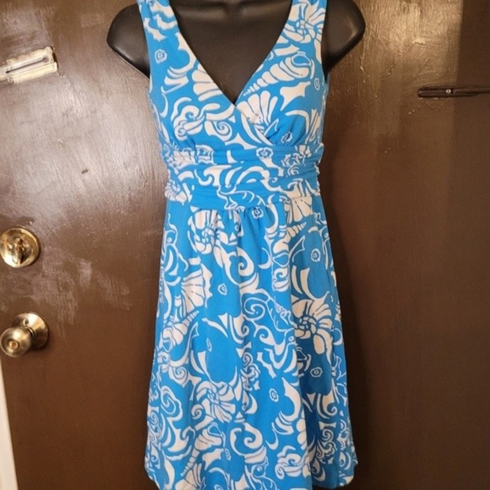 Lilly Pulitzer Sleeveless Blue and White Shell & Flower Print Dress Size XS